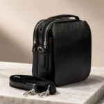 کیف دوشی چرم طبیعی دلناز چرم (طرح لیزارد - رنگ مشکی)